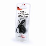 AB-HDMI-VGA-02, HDMI-VGA és audio adapter, egy port, fekete, blister, AB-HDMI-VGA-02, HDMI kijelzőjű eszköz VGA bmenetű monitorhoz való csatlakoztatásához, VGA anya, HDMI apa, VGA female, VGA male, átalakító, csatlakozó